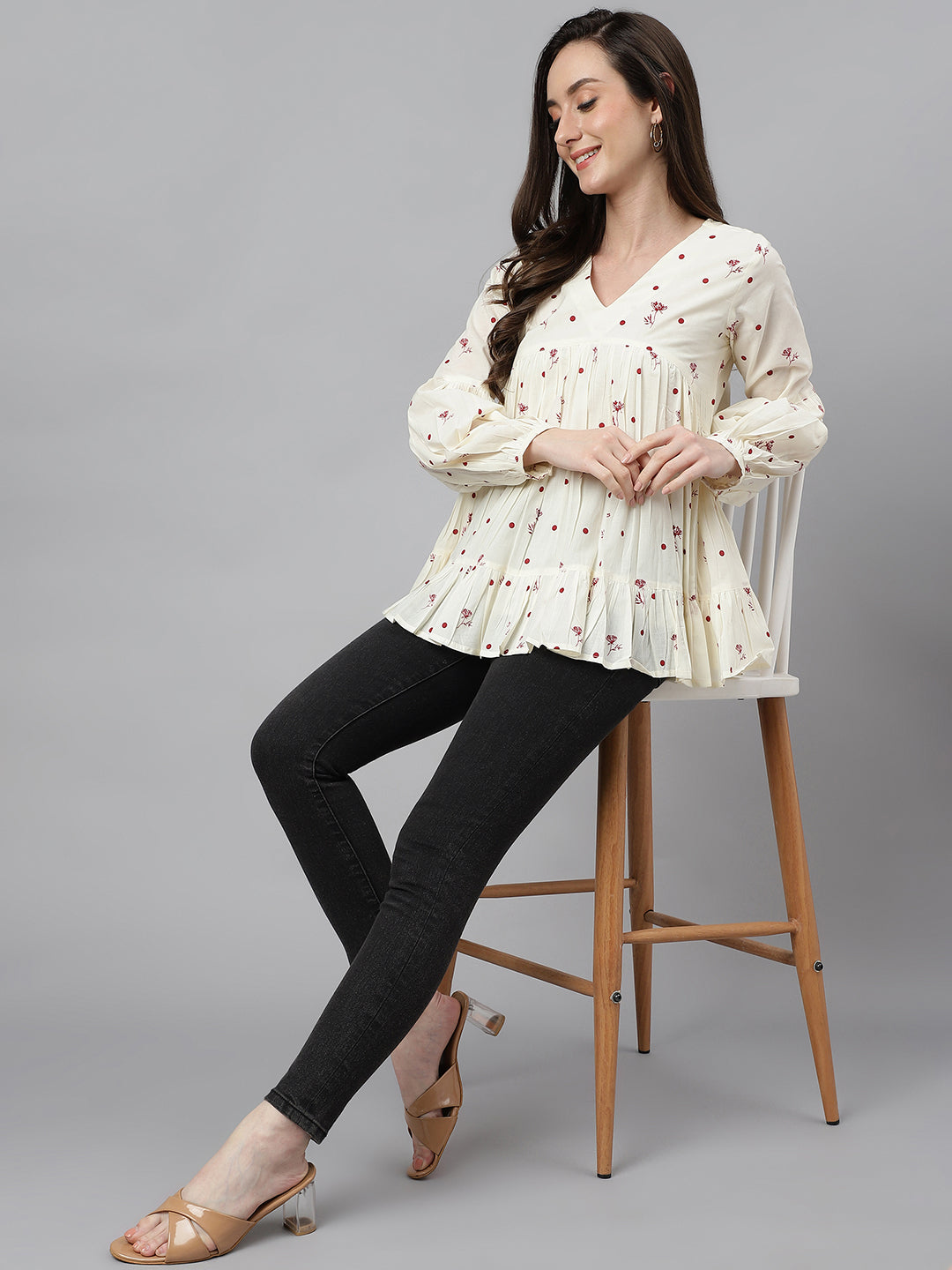 Janasya Women's Off White Cambric Cotton Floral Print Gathered Top | Grocsy