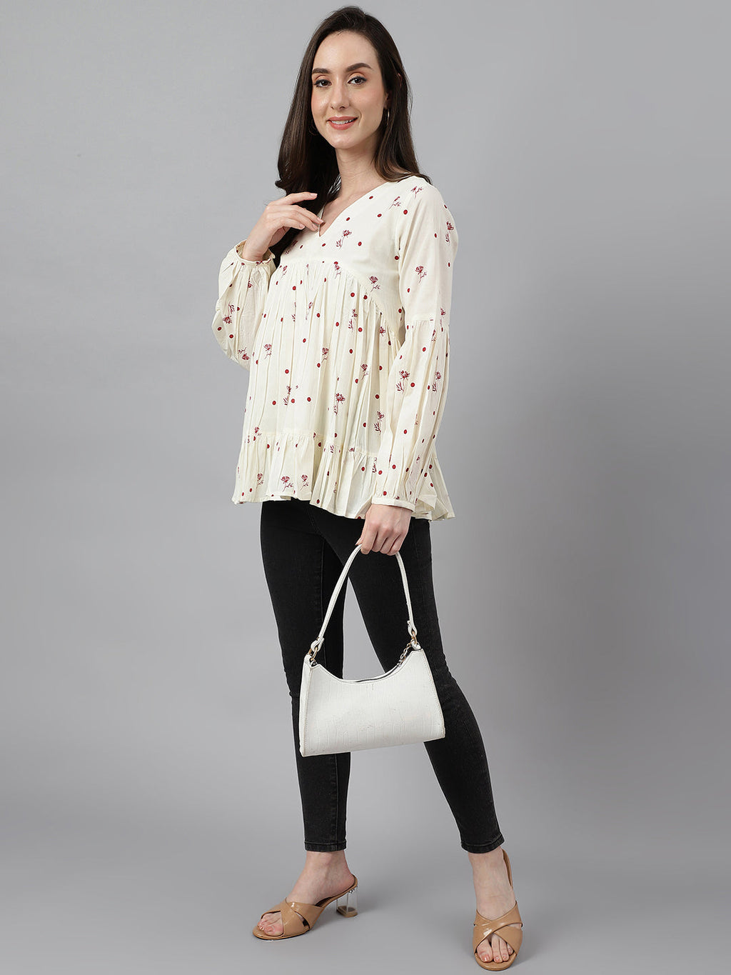 Janasya Women's Off White Cambric Cotton Floral Print Gathered Top | Grocsy