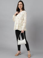 Janasya Women's Off White Cambric Cotton Floral Print Gathered Top | Grocsy