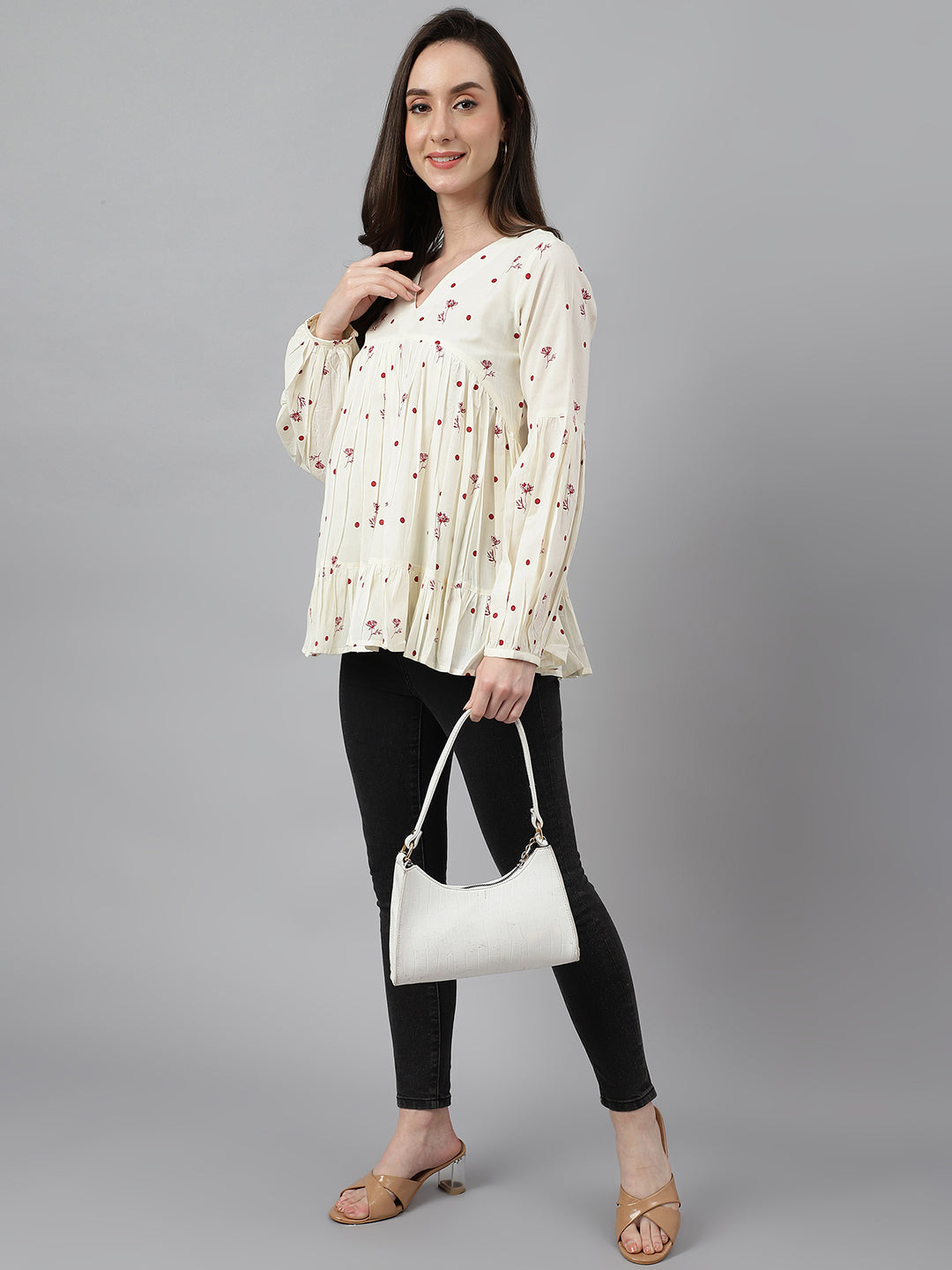 Janasya Women's Off White Cambric Cotton Floral Print Gathered Top | Grocsy