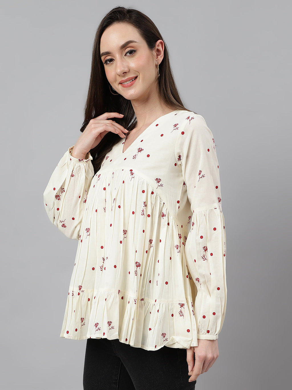 Janasya Women's Off White Cambric Cotton Floral Print Gathered Top | Grocsy