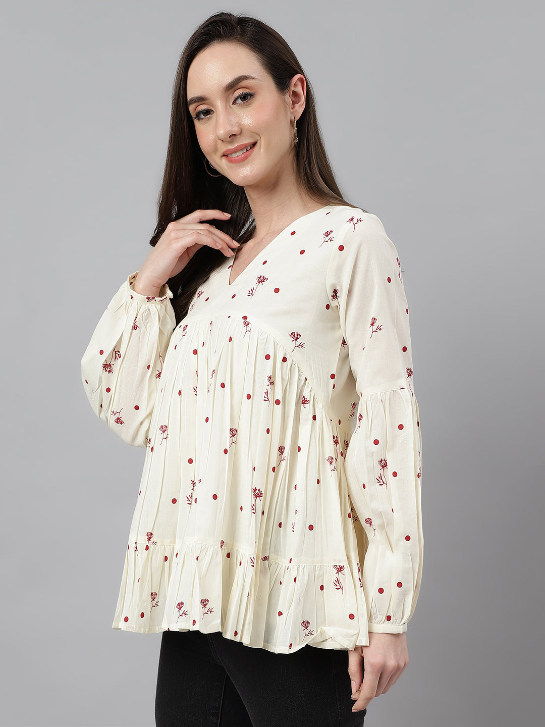 Janasya Women's Off White Cambric Cotton Floral Print Gathered Top | Grocsy