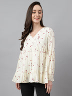 Janasya Women's Off White Cambric Cotton Floral Print Gathered Top | Grocsy