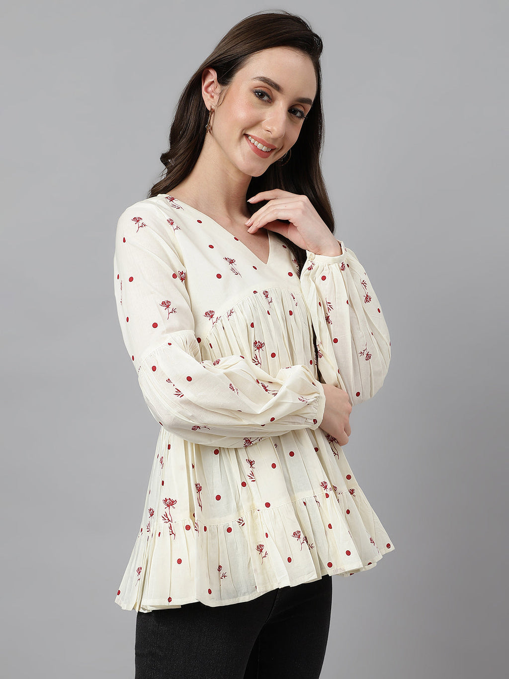 Janasya Women's Off White Cambric Cotton Floral Print Gathered Top | Grocsy