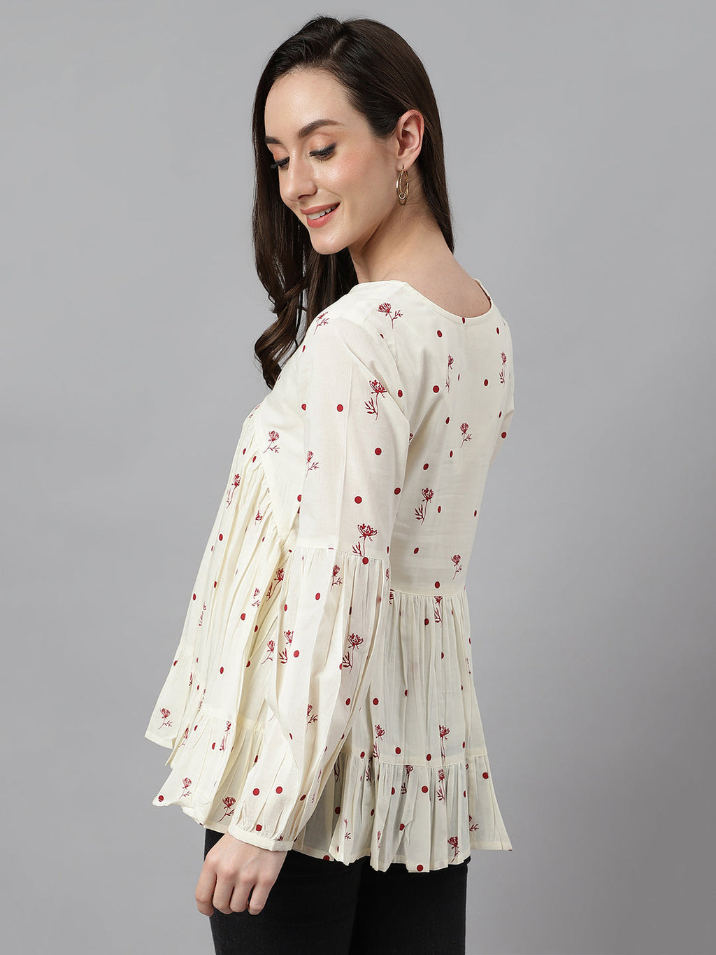 Janasya Women's Off White Cambric Cotton Floral Print Gathered Top | Grocsy