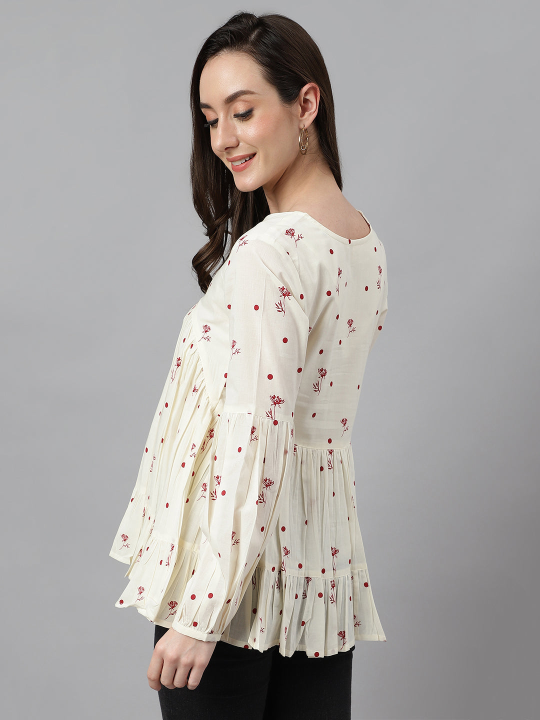 Janasya Women's Off White Cambric Cotton Floral Print Gathered Top | Grocsy