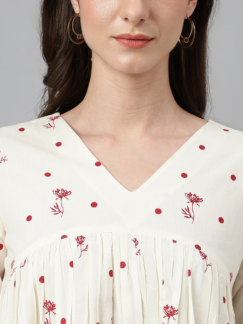 Janasya Women's Off White Cambric Cotton Floral Print Gathered Top | Grocsy