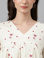 Janasya Women's Off White Cambric Cotton Floral Print Gathered Top | Grocsy