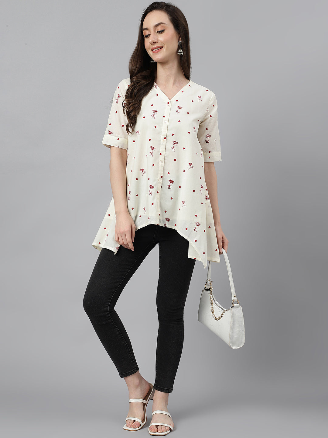 Janasya Women's Off White Cambric Cotton Botanical Print Asymmetric Top | Grocsy