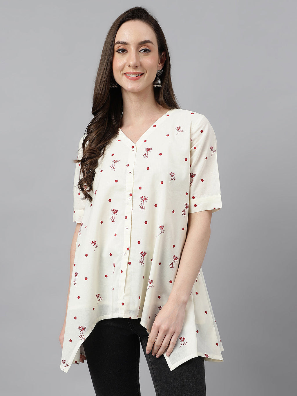 Janasya Women's Off White Cambric Cotton Botanical Print Asymmetric Top | Grocsy