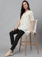 Janasya Women's Off White Cambric Cotton Botanical Print Asymmetric Top | Grocsy