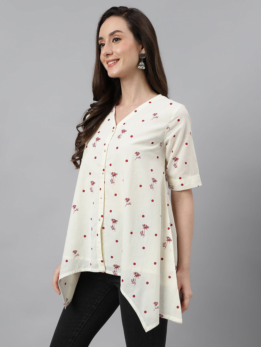 Janasya Women's Off White Cambric Cotton Botanical Print Asymmetric Top | Grocsy