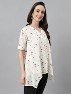 Janasya Women's Off White Cambric Cotton Botanical Print Asymmetric Top | Grocsy