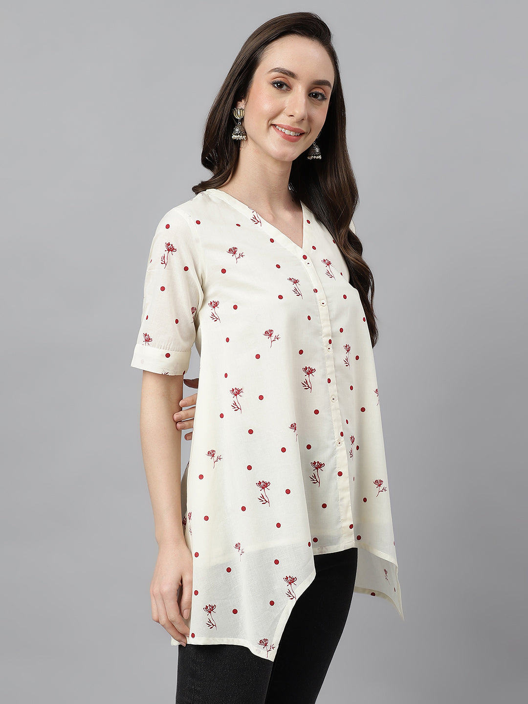 Janasya Women's Off White Cambric Cotton Botanical Print Asymmetric Top | Grocsy