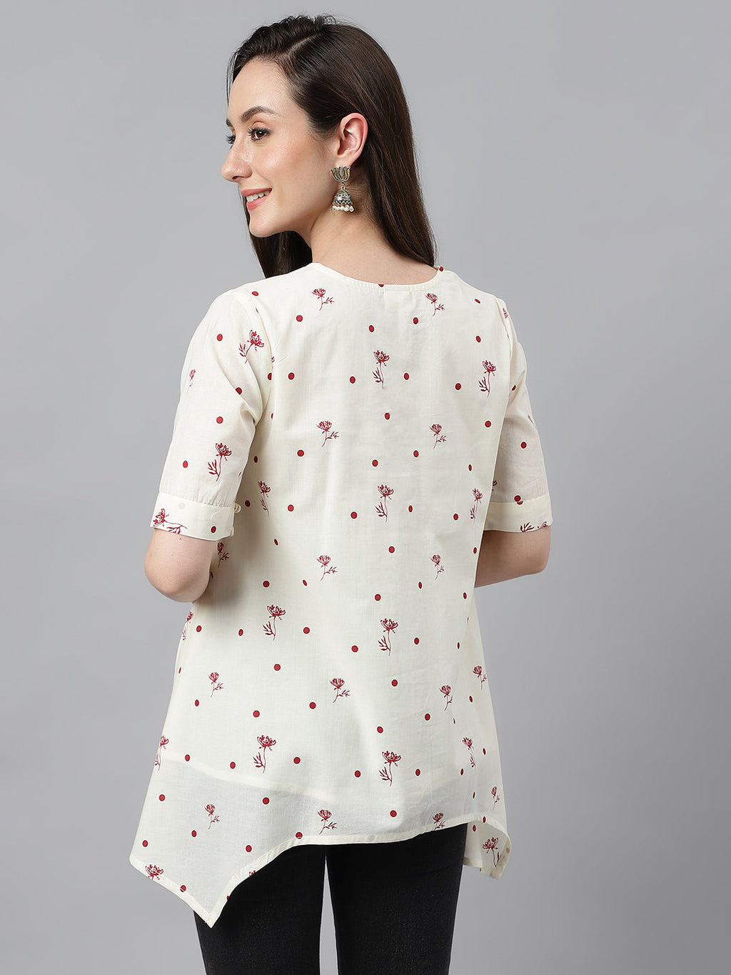Janasya Women's Off White Cambric Cotton Botanical Print Asymmetric Top | Grocsy