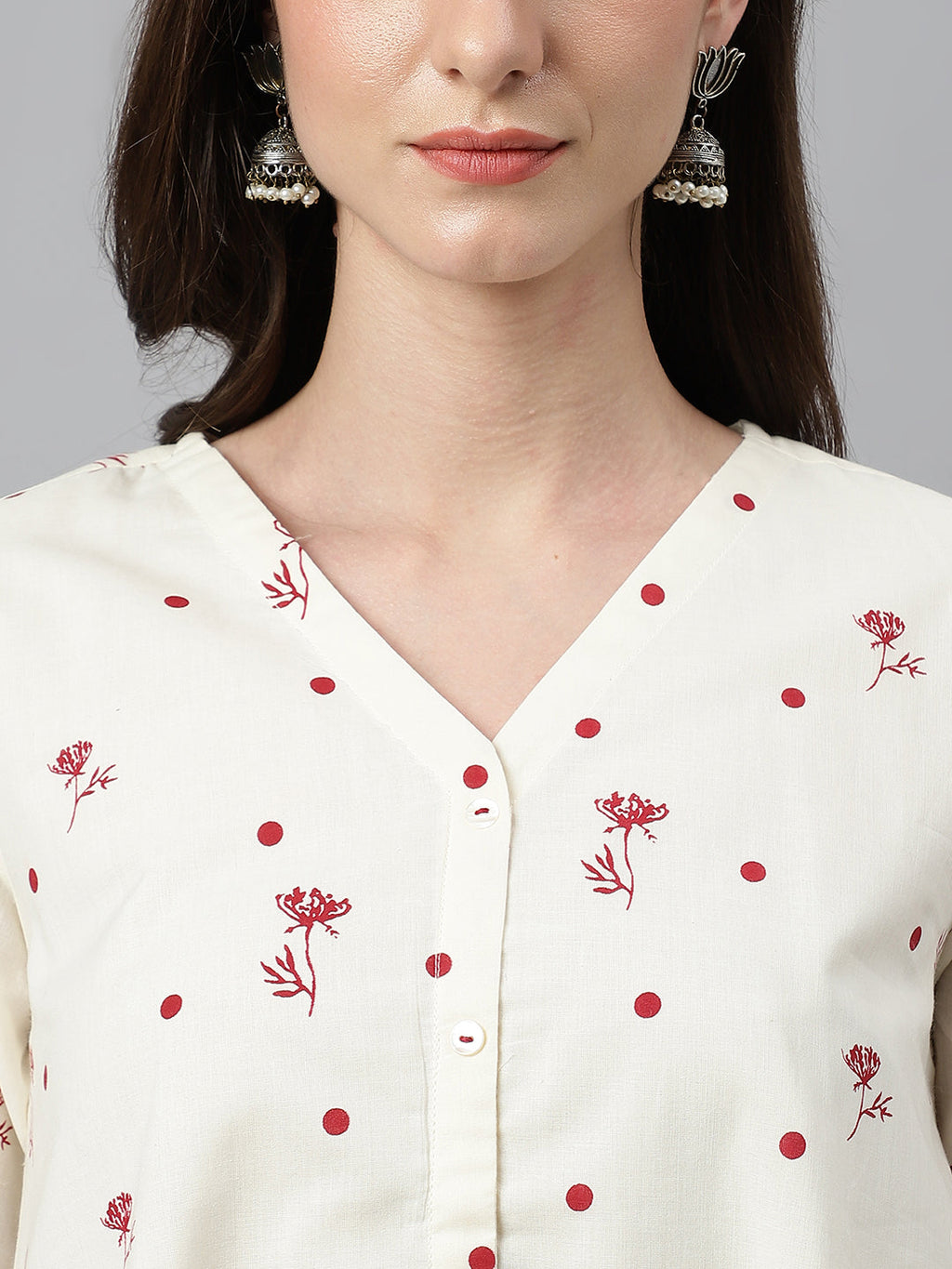 Janasya Women's Off White Cambric Cotton Botanical Print Asymmetric Top | Grocsy
