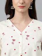 Janasya Women's Off White Cambric Cotton Botanical Print Asymmetric Top | Grocsy