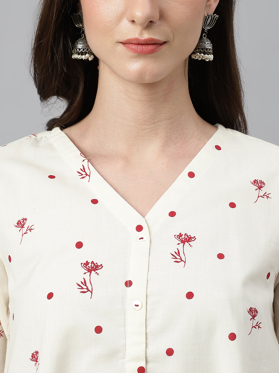 Janasya Women's Off White Cambric Cotton Botanical Print Asymmetric Top | Grocsy