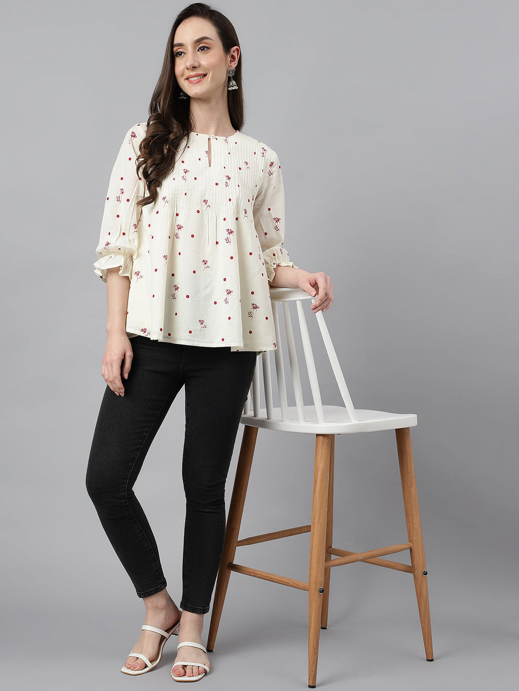 Janasya Women's Off White Cambric Cotton Botanical Print Flared Top | Grocsy
