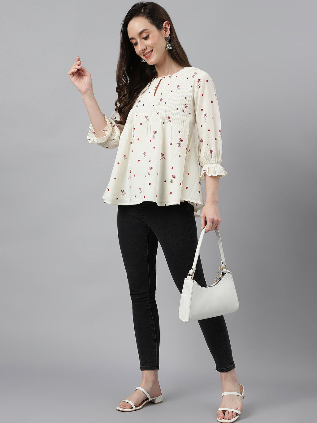 Janasya Women's Off White Cambric Cotton Botanical Print Flared Top | Grocsy