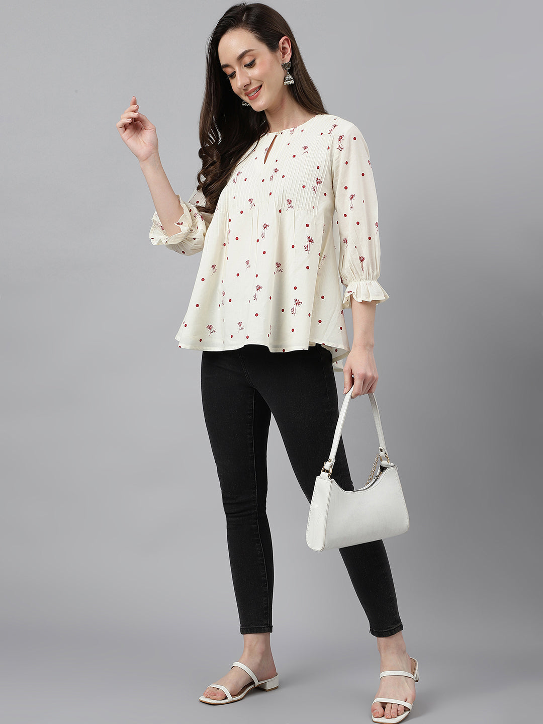 Janasya Women's Off White Cambric Cotton Botanical Print Flared Top | Grocsy