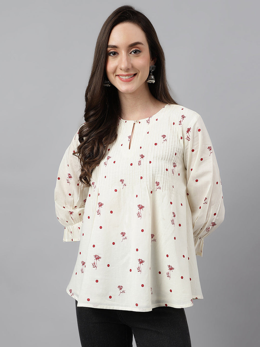 Janasya Women's Off White Cambric Cotton Botanical Print Flared Top | Grocsy