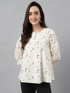 Janasya Women's Off White Cambric Cotton Botanical Print Flared Top | Grocsy