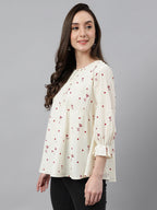 Janasya Women's Off White Cambric Cotton Botanical Print Flared Top | Grocsy