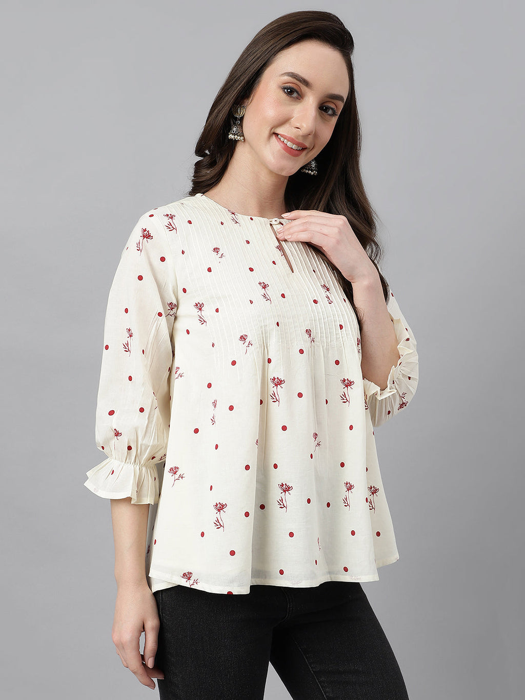 Janasya Women's Off White Cambric Cotton Botanical Print Flared Top | Grocsy