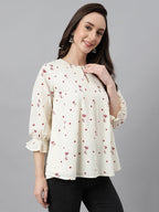 Janasya Women's Off White Cambric Cotton Botanical Print Flared Top | Grocsy