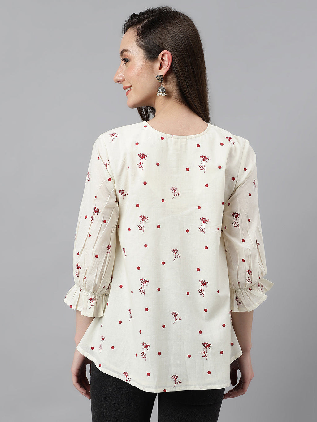 Janasya Women's Off White Cambric Cotton Botanical Print Flared Top | Grocsy