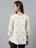 Janasya Women's Off White Cambric Cotton Botanical Print Flared Top | Grocsy