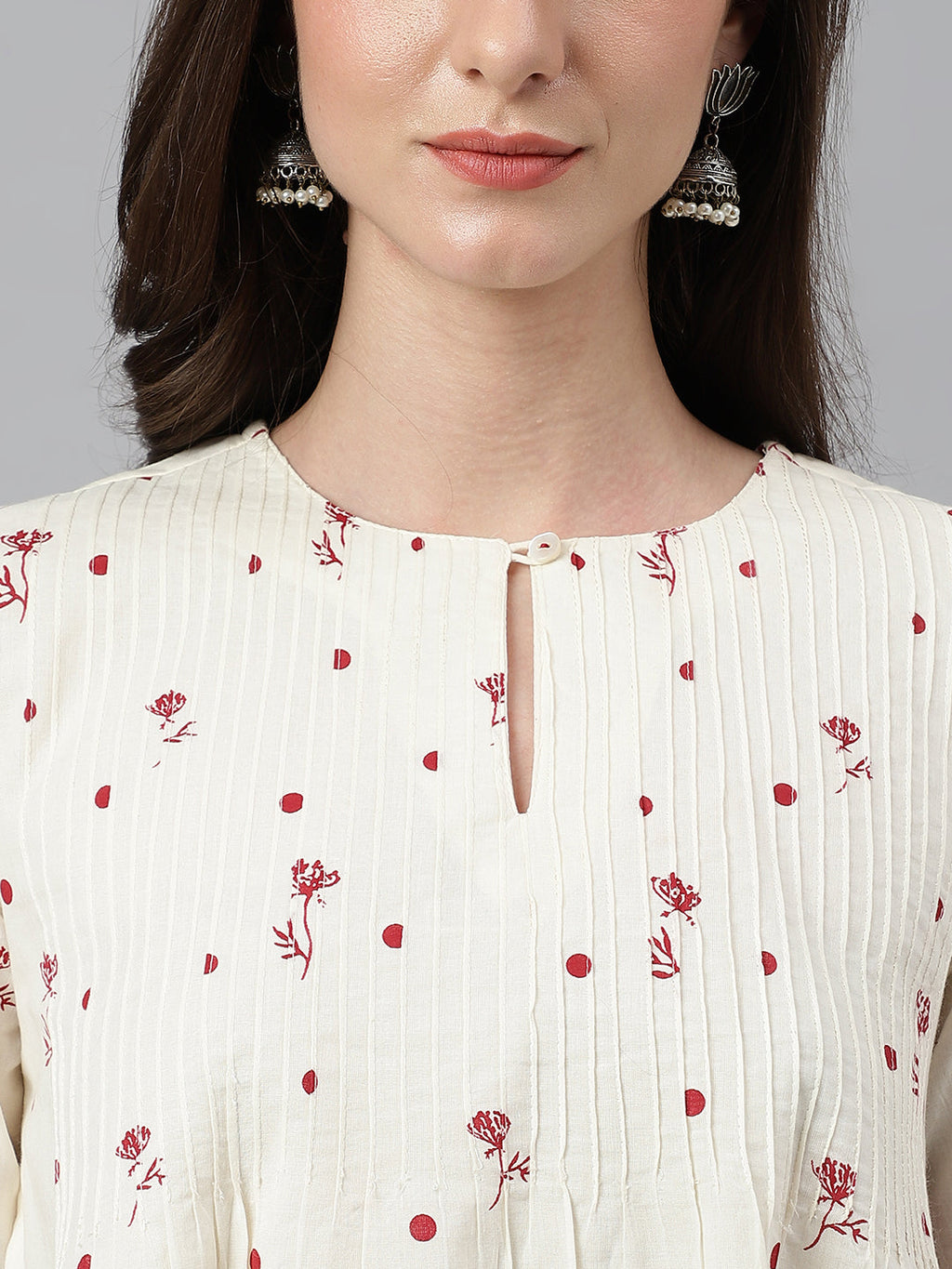 Janasya Women's Off White Cambric Cotton Botanical Print Flared Top | Grocsy