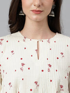 Janasya Women's Off White Cambric Cotton Botanical Print Flared Top | Grocsy