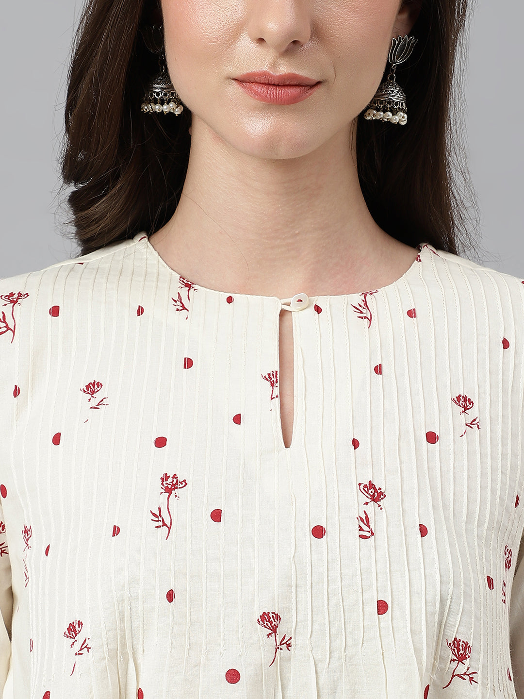 Janasya Women's Off White Cambric Cotton Botanical Print Flared Top | Grocsy