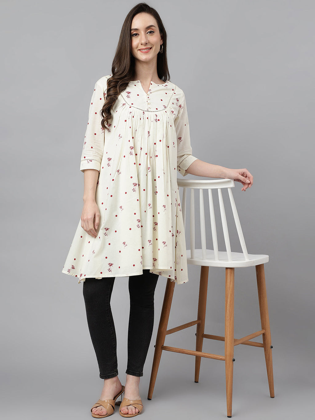 Janasya Women's Off White Cambric Cotton Botanical Print Flared Tunic | Grocsy