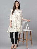 Janasya Women's Off White Cambric Cotton Botanical Print Flared Tunic | Grocsy