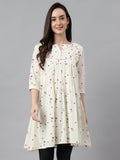 Janasya Women's Off White Cambric Cotton Botanical Print Flared Tunic | Grocsy