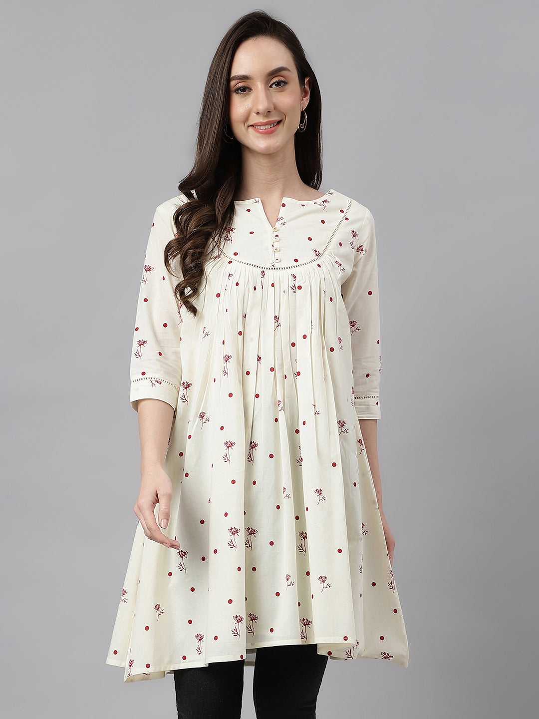 Janasya Women's Off White Cambric Cotton Botanical Print Flared Tunic | Grocsy