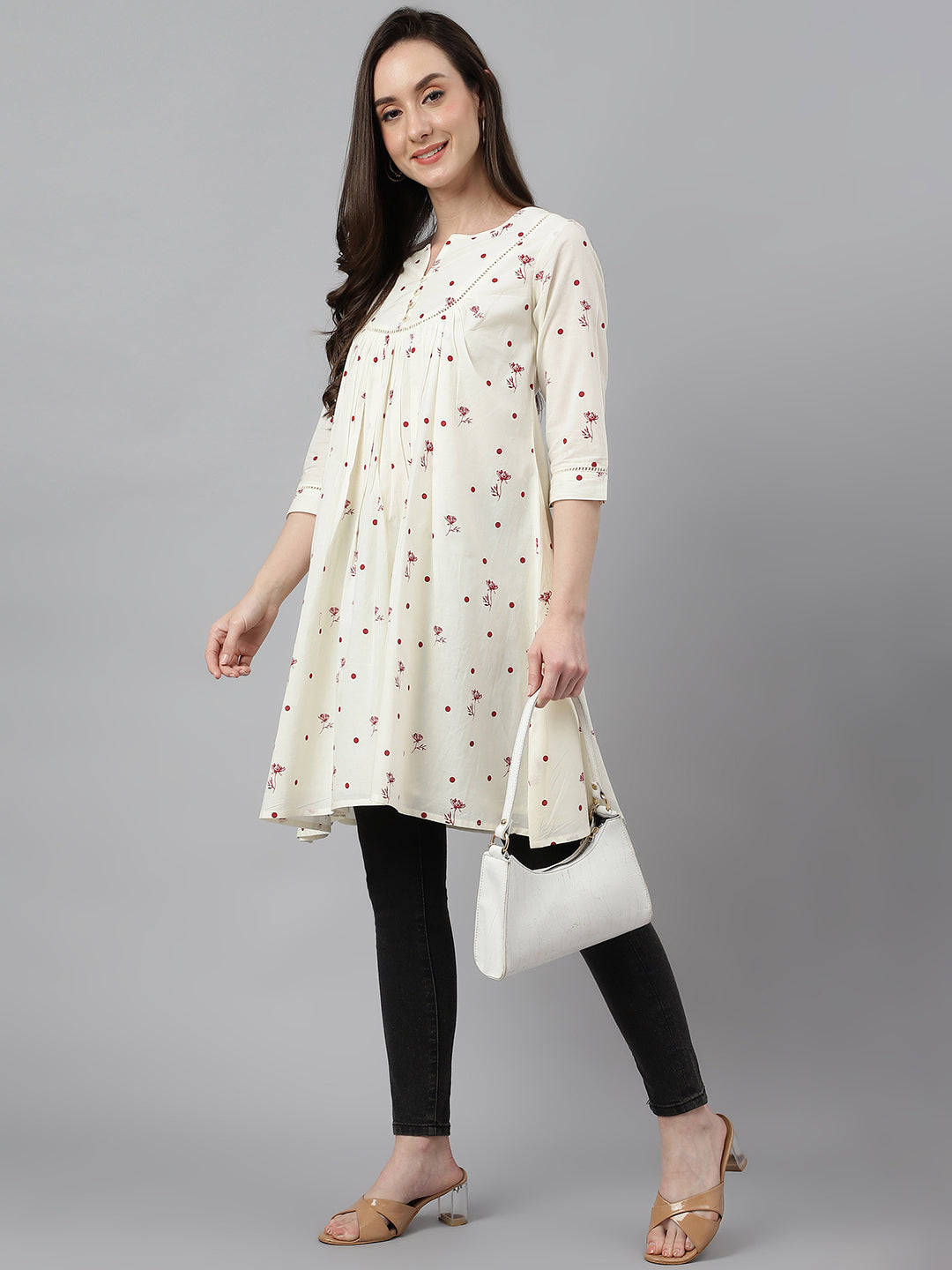 Janasya Women's Off White Cambric Cotton Botanical Print Flared Tunic | Grocsy