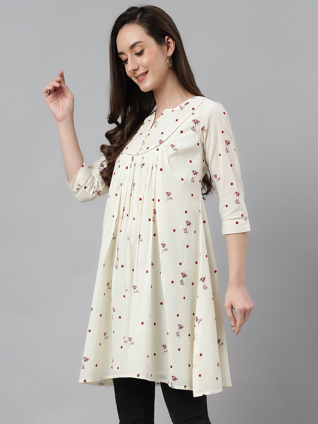 Janasya Women's Off White Cambric Cotton Botanical Print Flared Tunic | Grocsy