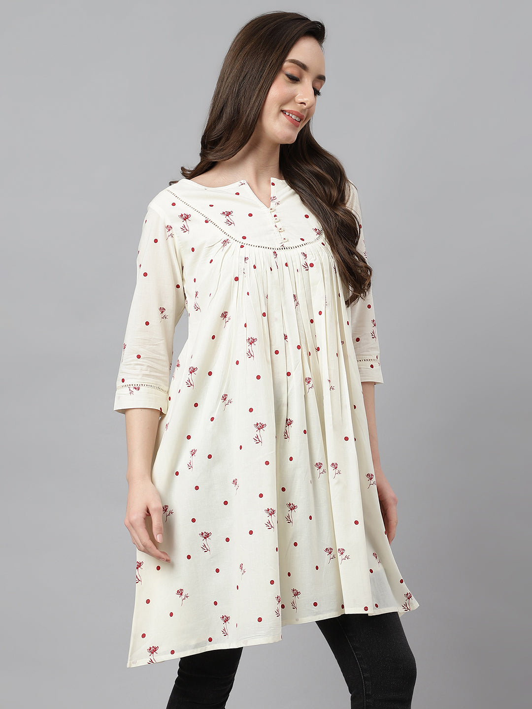 Janasya Women's Off White Cambric Cotton Botanical Print Flared Tunic | Grocsy