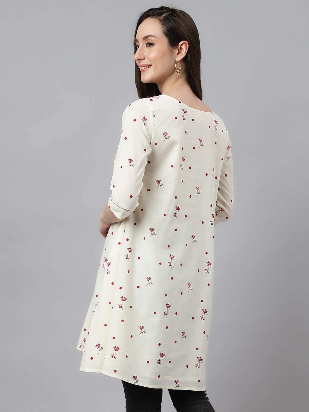 Janasya Women's Off White Cambric Cotton Botanical Print Flared Tunic | Grocsy