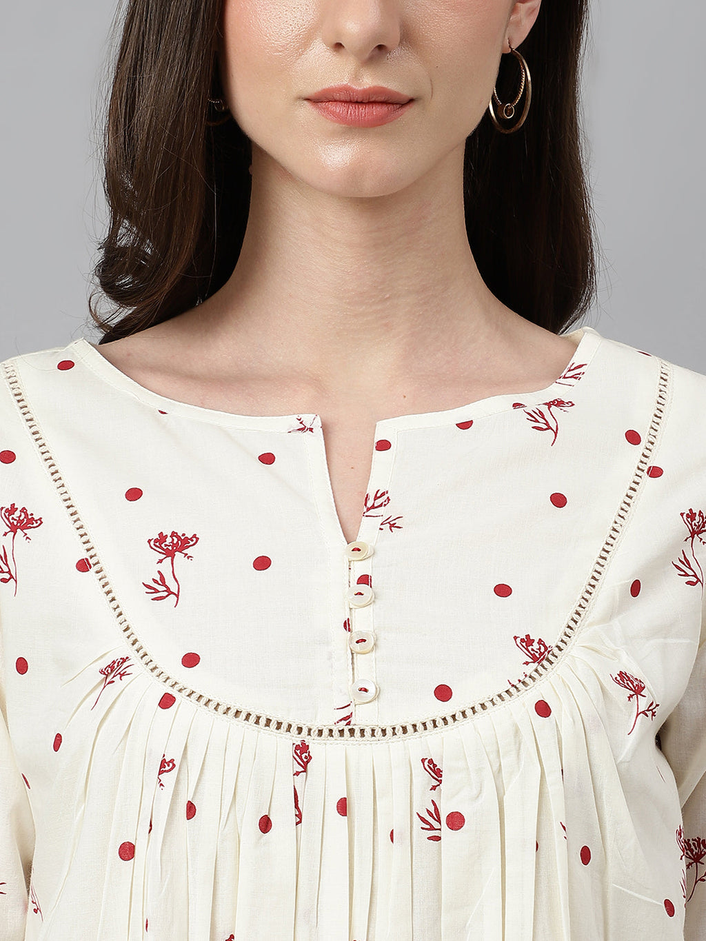 Janasya Women's Off White Cambric Cotton Botanical Print Flared Tunic | Grocsy