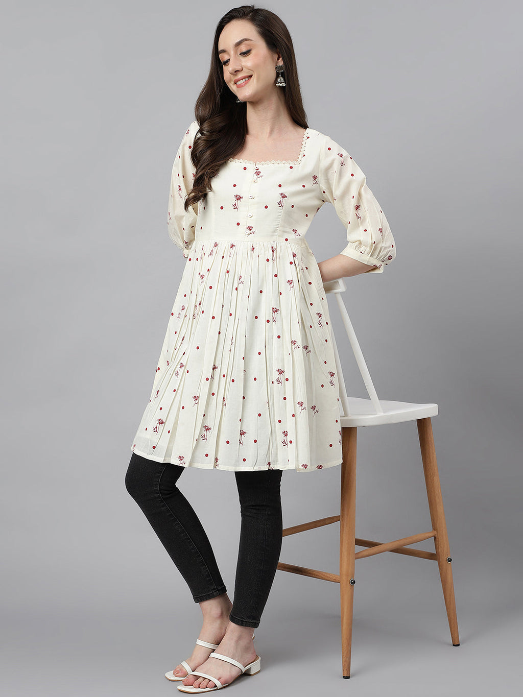 Janasya Women's Off White Cambric Cotton Botanical Print Flared Tunic | Grocsy
