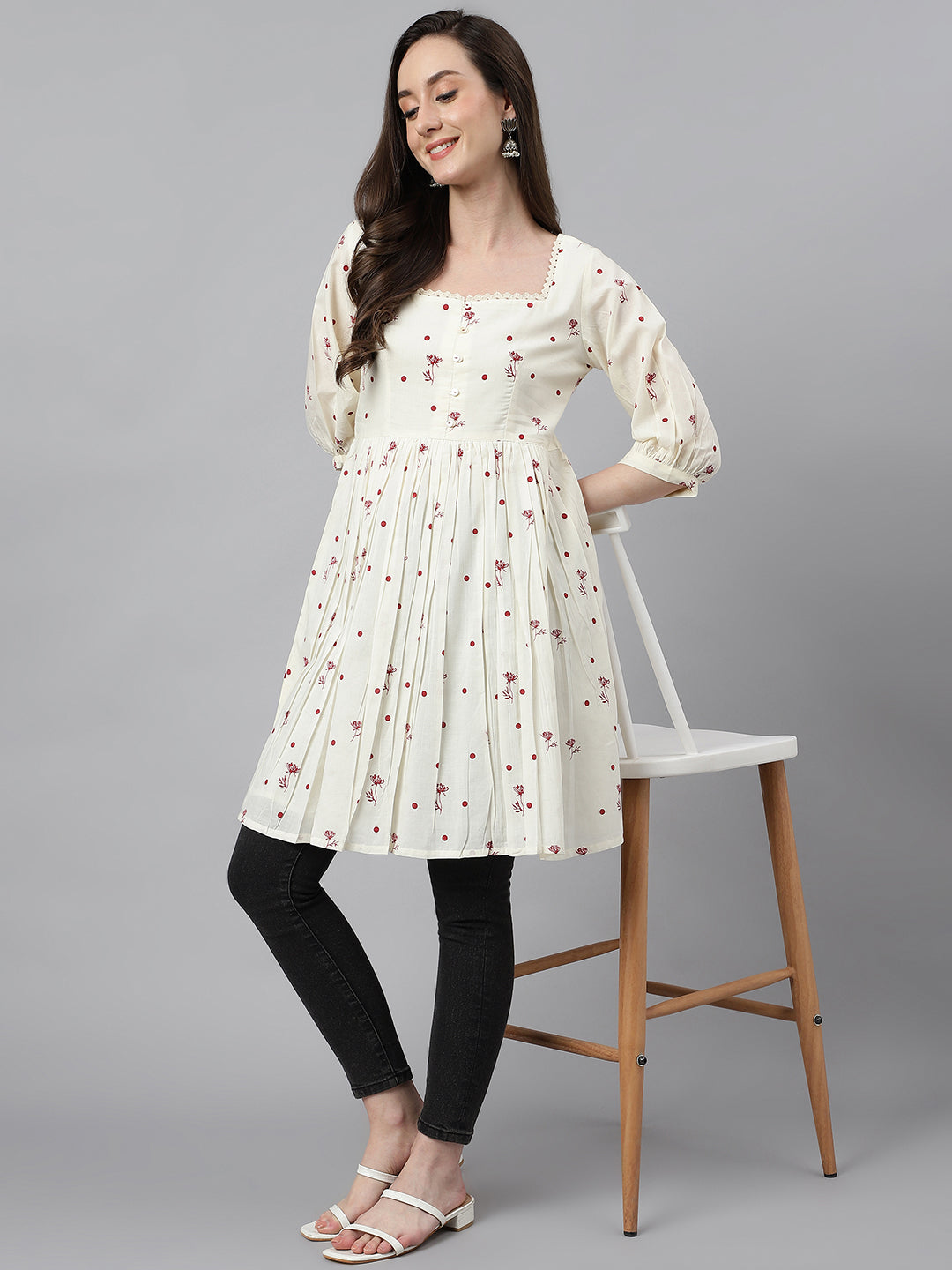Janasya Women's Off White Cambric Cotton Botanical Print Flared Tunic | Grocsy