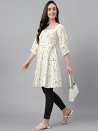 Janasya Women's Off White Cambric Cotton Botanical Print Flared Tunic | Grocsy