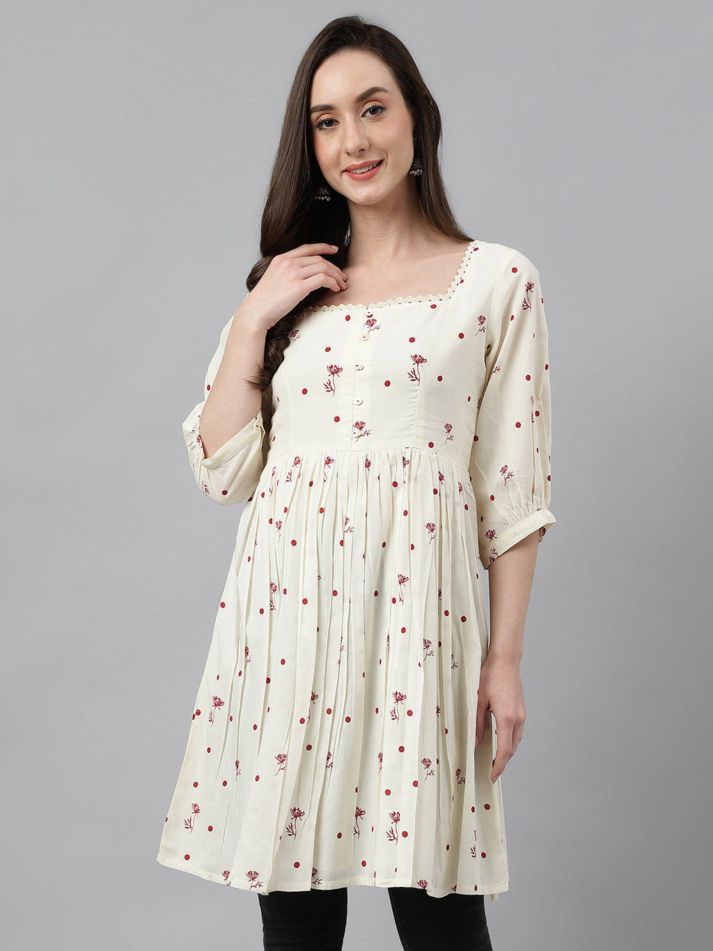 Janasya Women's Off White Cambric Cotton Botanical Print Flared Tunic | Grocsy