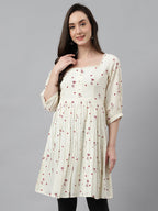 Janasya Women's Off White Cambric Cotton Botanical Print Flared Tunic | Grocsy