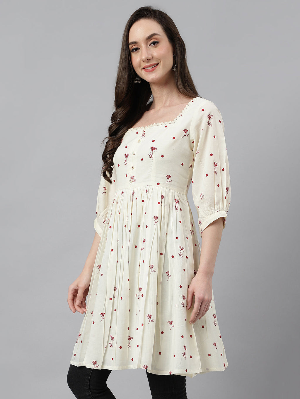 Janasya Women's Off White Cambric Cotton Botanical Print Flared Tunic | Grocsy